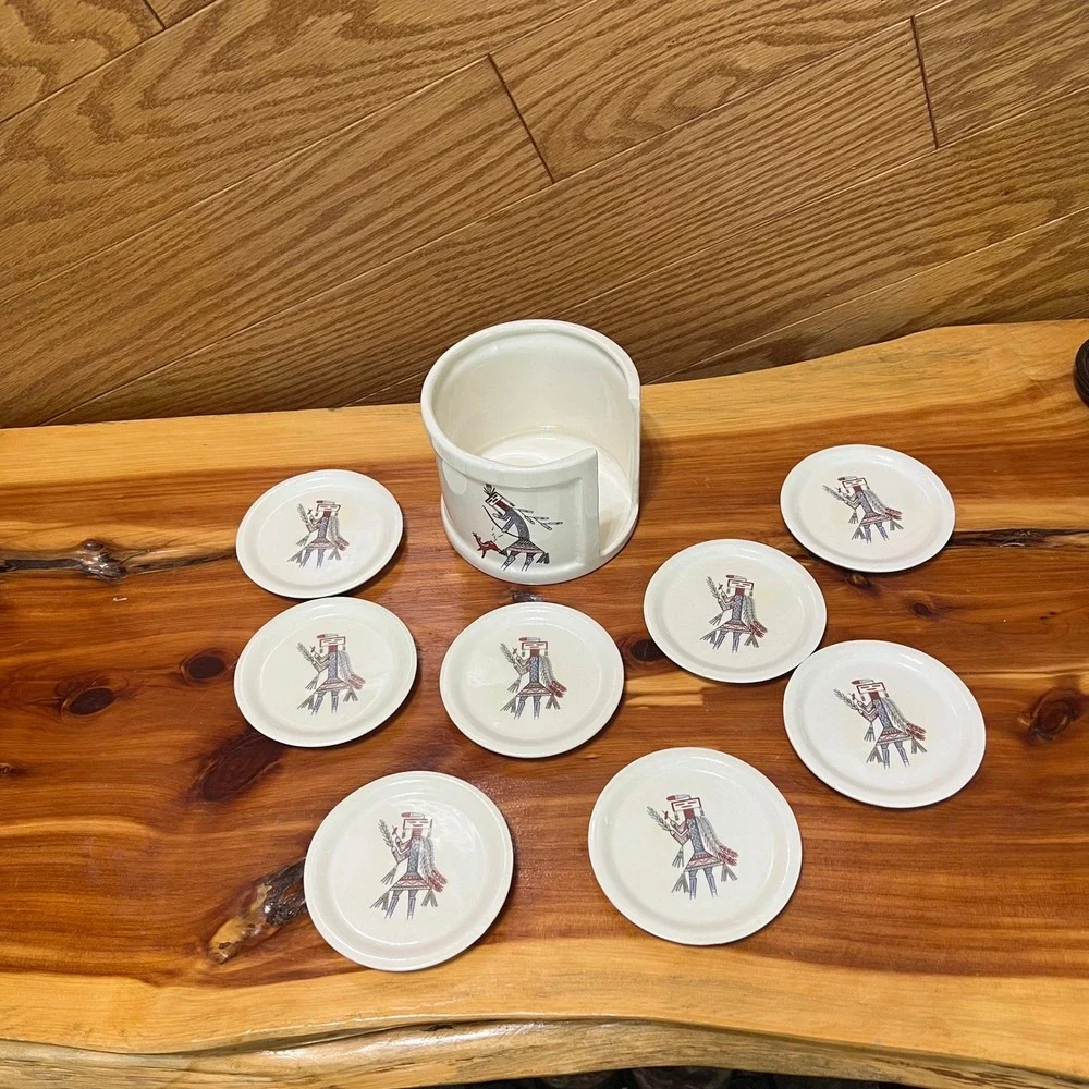 Vtg‎ Signed Handcrafted Southwestern Pottery Coaster Set 8 Pieces Matching Crock